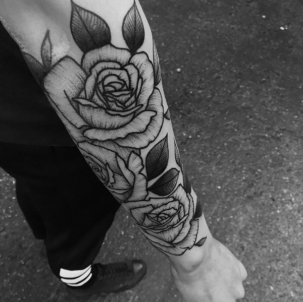 Black And White Tattoo Social Rose Sleeve Work By
