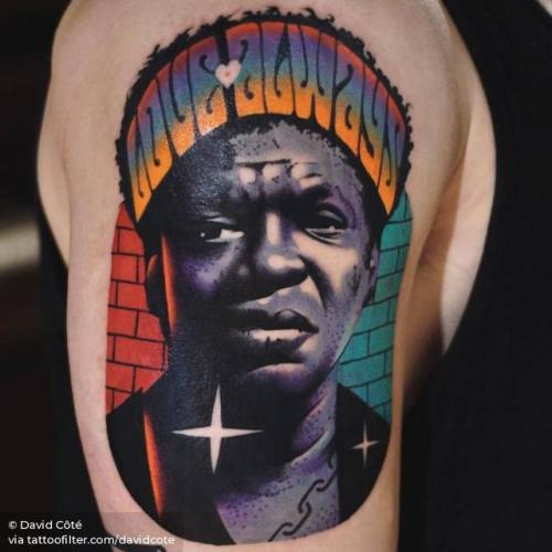 By David Côté, done at Imperial Tattoo Connexion, Montreal.... music;surrealist;davidcote;patriotic;big;contemporary;united states of america;character;facebook;charles bradley;twitter;pop art;portrait;upper arm