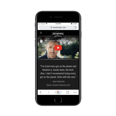 Ryan Reynolds video on Aviation Gin mobile site