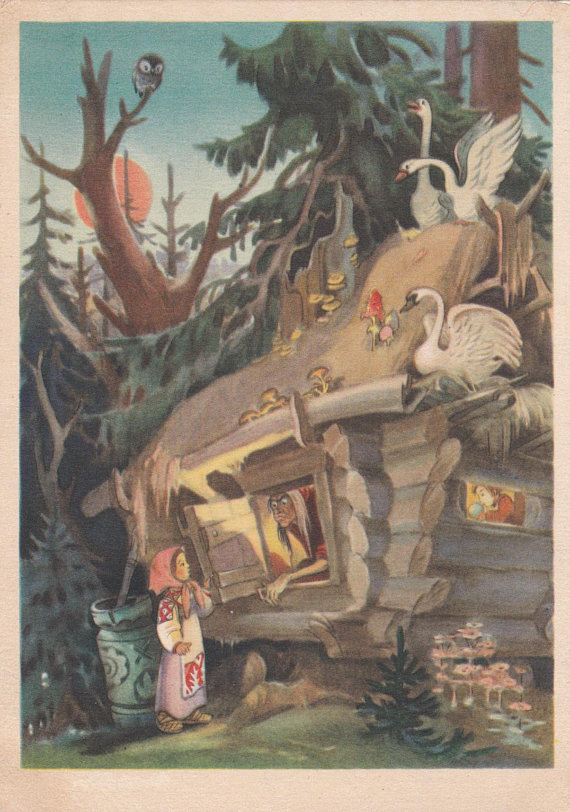 “The Magic Swan Geese” (Russian folk tale), postcard illustrated by I. Kuznetsov (1955)
Buy: https://etsy.me/2qzmnjZ