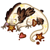 a very small digital doodle of a coatl dragon in a curled-up pose, nibbling at scattered biscuits shaped like hearts and stars. The dragon has a cream-coloured body and brown wings, and is dotted with glowing yellow fireflies.