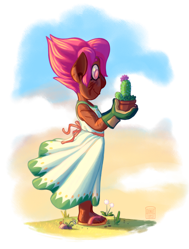 a digital drawing of a dark skinned character with deep scars from a rough war, wearing a beautiful long dress and holding a pot with cacti in it. they are non-binary