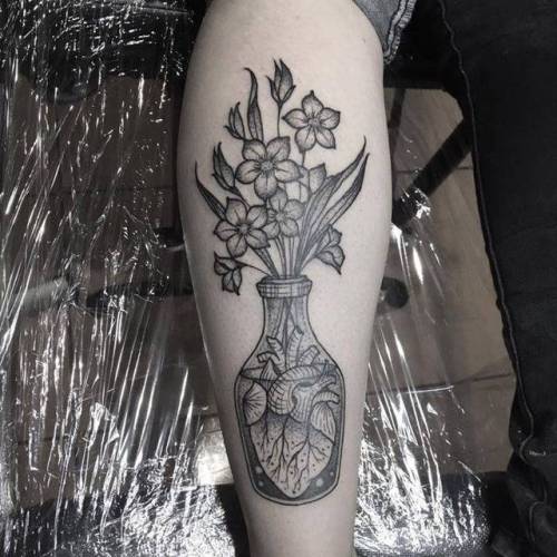 By Vaigirdas Kofy, done in Vilnius. http://ttoo.co/p/24356 flower;vaigirdas kofy;surrealist;calf;anatomy;flower bouquet;heart;big;love;facebook;nature;blackwork;twitter;anatomical heart;illustrative