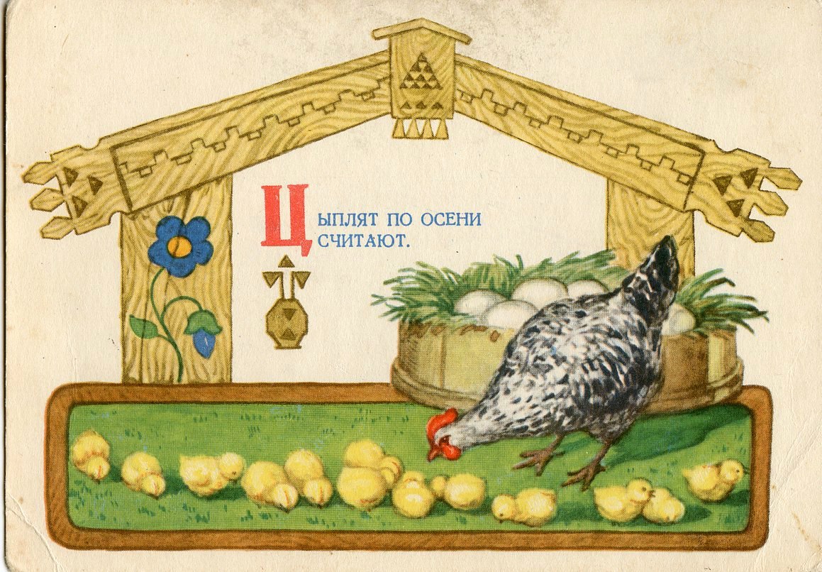 “Count the chicks when it’s autumn” (traditional Russian saying)
Postcard by A. Dudnikov, 1956