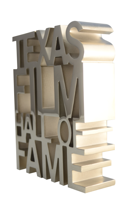 Texas Film Hall of Fame Award, made of metal with precision detailing. Designed as stacked, extruded letters spelling the program's name