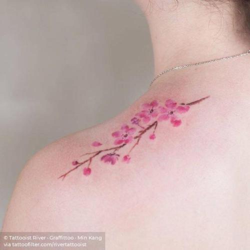 By Tattooist River · Graffittoo · Min Kang, done at Graffittoo,... branch;flower;small;cherry blossom;spring;watercolor;tiny;top of shoulder;ifttt;little;nature;rivertattooist;medium size;four season;illustrative