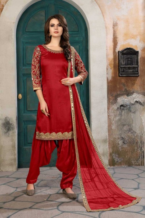 Buy eid Wear Hand Embroidered Art Silk Cardinal Red Patiala...