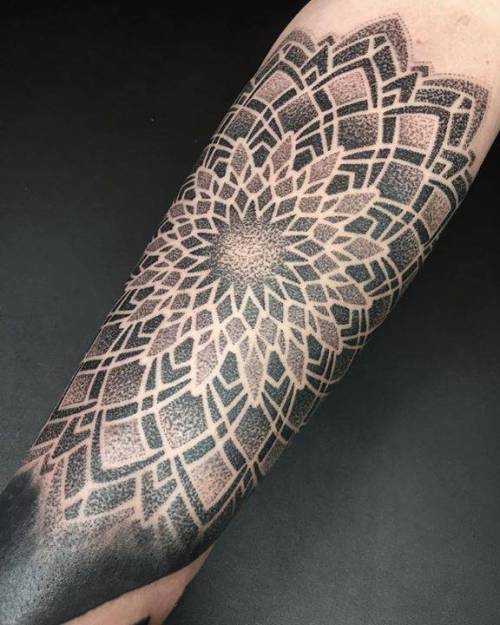 By Brian Geckle, done at Flower of Life Studios, Boalsburg.... dotwork;big;of sacred geometry shapes;mandala;briangeckle;facebook;twitter;sacred geometry;inner forearm