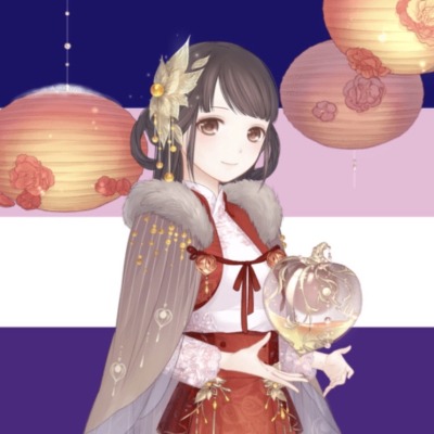 Ode to Lantern from Love Nikki in front of a combination biromantic asexual flag