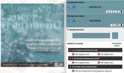 PSA with cataract simulation filter applied – color contrast ratio of 1.06:1 with the word “Undergoing” against the background with teal blue colored PSA