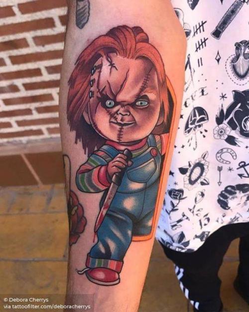 By Debora Cherrys, done at La Mujer Barbuda, Getafe.... film and book;chucky;fictional character;child s play;big;deboracherrys;facebook;twitter;inner forearm;neotraditional