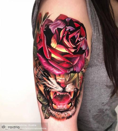 By Antonina Troshina · Rostra, done in Moscow.... animal;antoninatroshina;big;facebook;feline;flower;nature;realistic;rose;tiger;twitter;upper arm