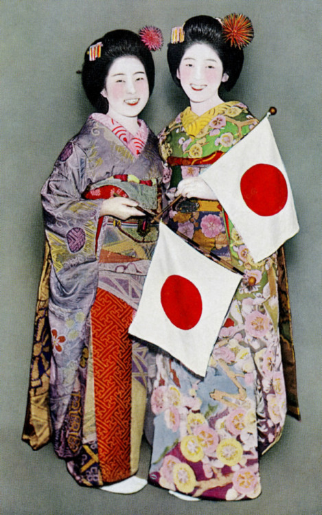 Two Ponto-cho Maiko with Japanese Flags 1930s (by Blue Ruin1)
“ “Ponto-chō is the old and very prosperous [geisha] quarter next to Gion [Kyoto]. It is situated on the western bank of the River Kamo, just opposite to Gion on its east bank, and limited...