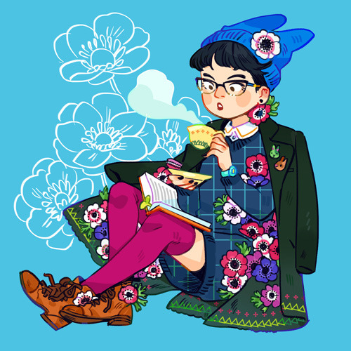 anemoneflower own art Fashion Inspiration fashion illustration floral fashion autumn fashion Illustration digital art Character Design sipping tea book tea