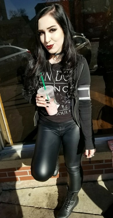 me self leather pants combat boots worn doll outfit goth alternative makeup choker red lips red lipstick pale pale skin black hair long hair