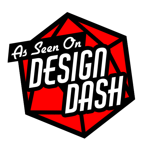 A logo that consists of a red d20 and the text