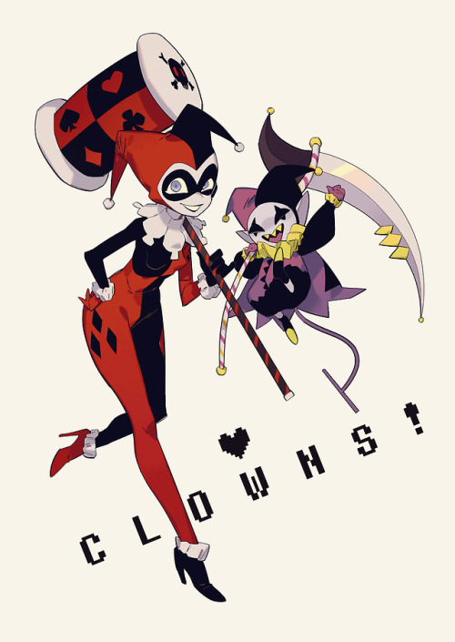 blackggggum:Harley Quinn & Jevil！cute clowns