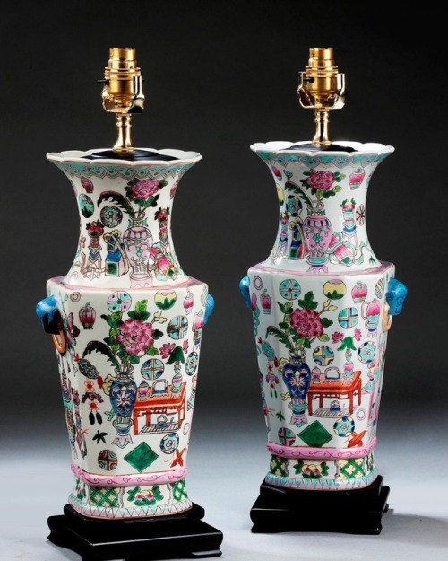 windsorhouseantiques:Pair of Canton design pottery vase lamps of...