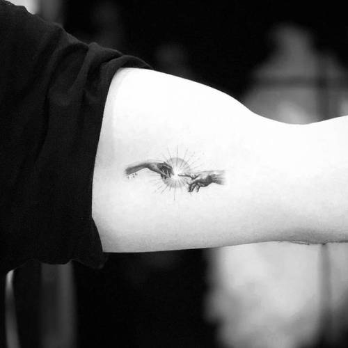 By Drag, done at Bang Bang Tattoo, Manhattan.... art;small;anatomy;single needle;inner arm;tiny;michelangelo;ifttt;little;location;drag;italy;europe;the creation of adam;hand;patriotic