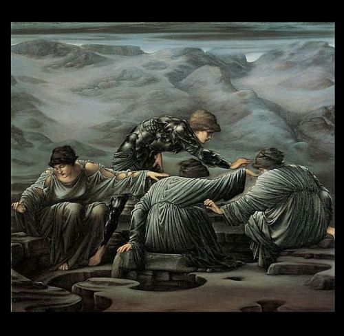 thelongvictorian:
â€œ Perseus and the Graiae (1892) by Edward Burne-Jones (UK, 1833-1898). The Graiae were sisters who shared one eye and one tooth between them.
â€