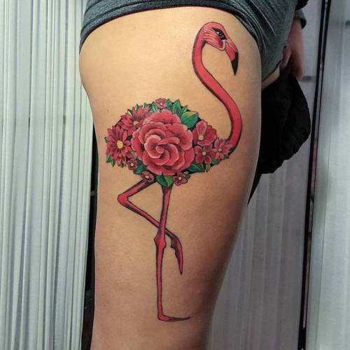 By Dorothy Lyczek, done at Trinity Tattoo Collective, Queens.... surrealist;dorothylyczek;big;animal;bird;thigh;facebook;twitter;flamingo;illustrative