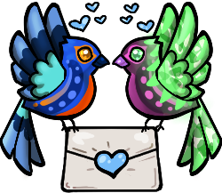 Kevin and Nasnan as birds perched on top of a letter together and surrounded by blue hearts