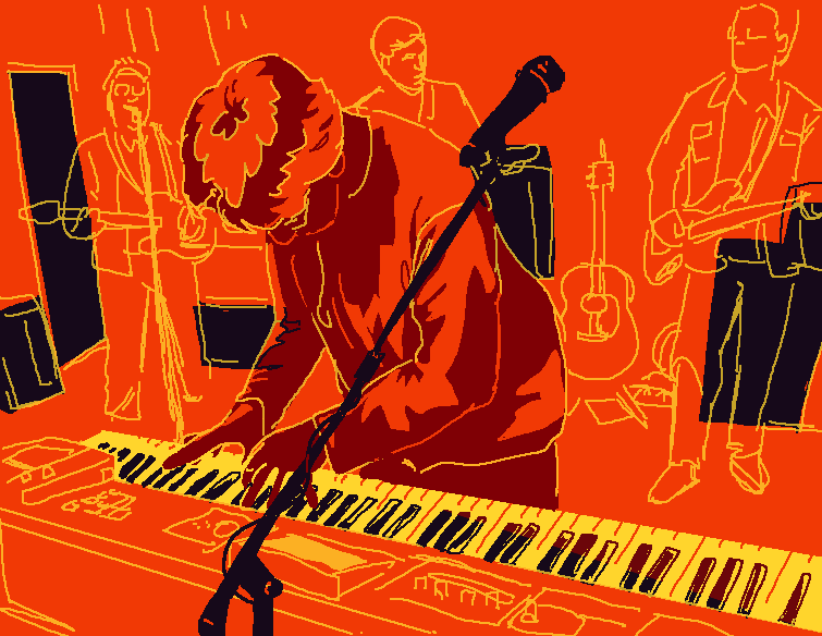 Loose redrawing of a concert photo of Linnell playing keyboard. The image is lit red.