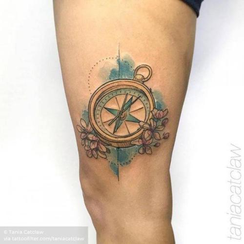 By Tania Catclaw, done at Big Boys Tattoo, Lisboa.... sketch work;watercolor;compass;travel;thigh;facebook;twitter;medium size;taniacatclaw