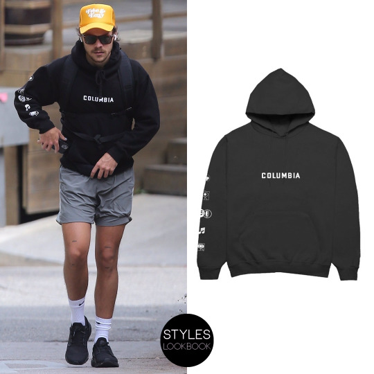 Out in LA, Harry was pictured wearing a Columbia Records hoodie. Columbia Records black logo hoodie ($65)