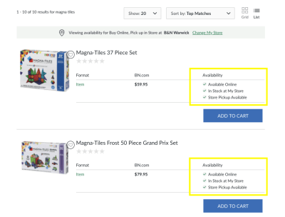 Barnes & Noble search listings with online and in-store availability info