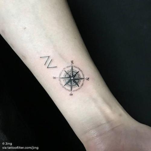 By Jing, done at Jing’s Tattoo, Queens.... jing;small;micro;nautical;tiny;travel;compass rose;ifttt;little;wrist;inner forearm;illustrative