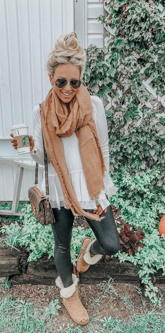 50+ Cozy Outfit Ideas You Need - #Style, #Girls, #Photo, #Picture, #Perfect Happiest of Fridayto you babes Iin all my favs today... including this new scarf thatthe perfect Fall color!!! (Wearing a small in the leggings and a medium in the top for reference) Shop all my looks by following me on the  App OR you can shop my looks instantly too by clicking on the link in my bio and then click on the pic you want to shop:  