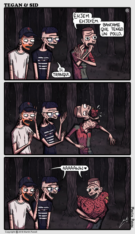 Tegan and Sid Tegan & Sid Tegan Y Sid Pollo moco chiste humor bizarro tira cómica fiesta drogas web comic historieta arte ilustración Tin Parodi
