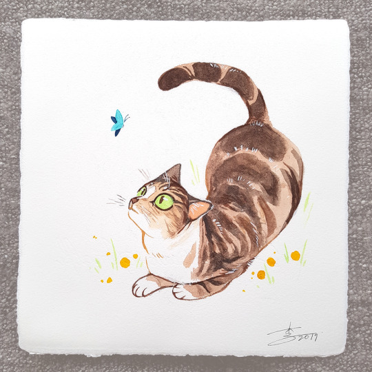 kitties, for friends [images are 3 paintings of cats. 1: a brown tabby crouching as if preparing to pounce, gazing up wide-eyed...