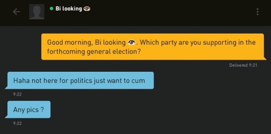 Me: Good morning, Bi looking ?. Which party are you supporting in the forthcoming general election?
Bi looking ?: Haha not here for politics just want to cum
Bi looking ?: Any pics?