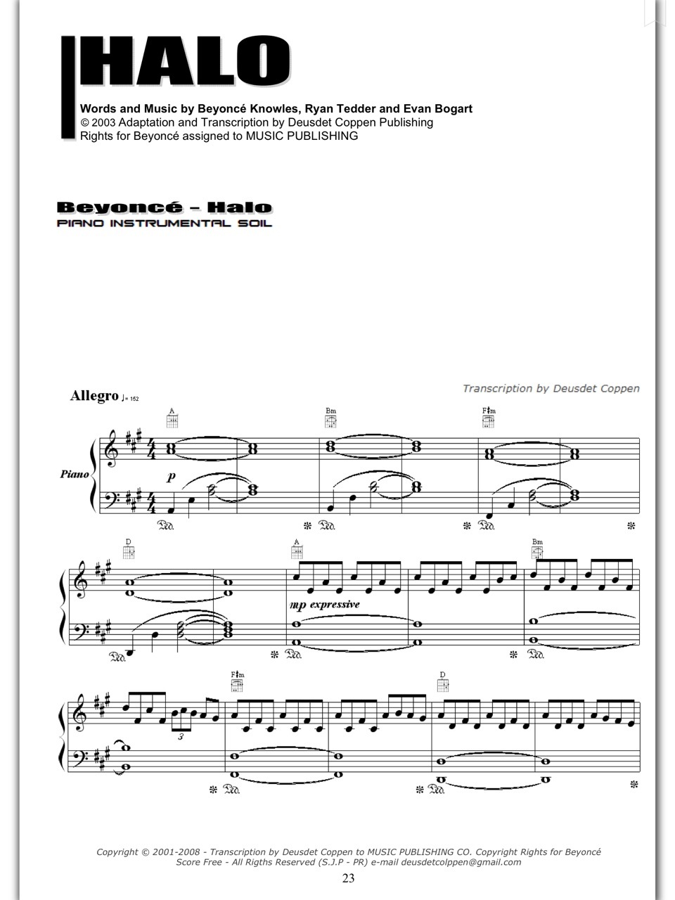 Piano Sheet Music — Halo - Beyonce (Piano Sheet)