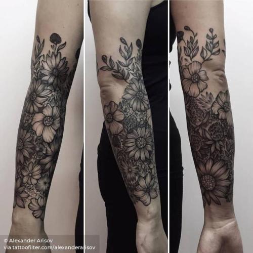 Tattoo tagged with: flower, alexanderarisov, big, facebook, nature,  blackwork, forearm, twitter, illustrative 