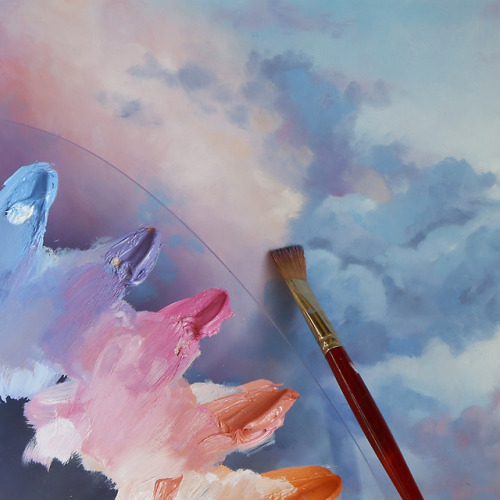 oil painting rose quartz angelite healing crystals cloudscape clouds art studio art supplies