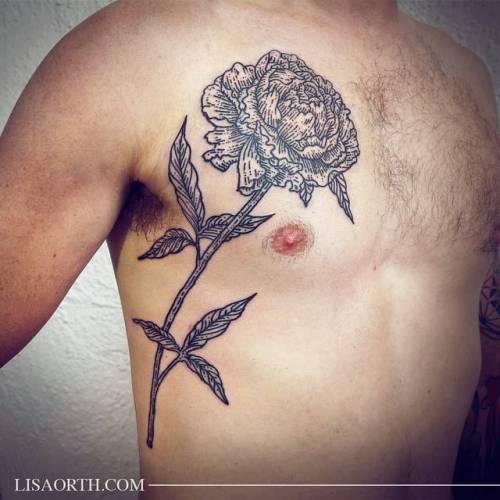 By Lisa Orth, done at Incognito Tattoo, Los Angeles.... peony;flower;lisaorth;big;chest;rib;facebook;nature;twitter;engraving