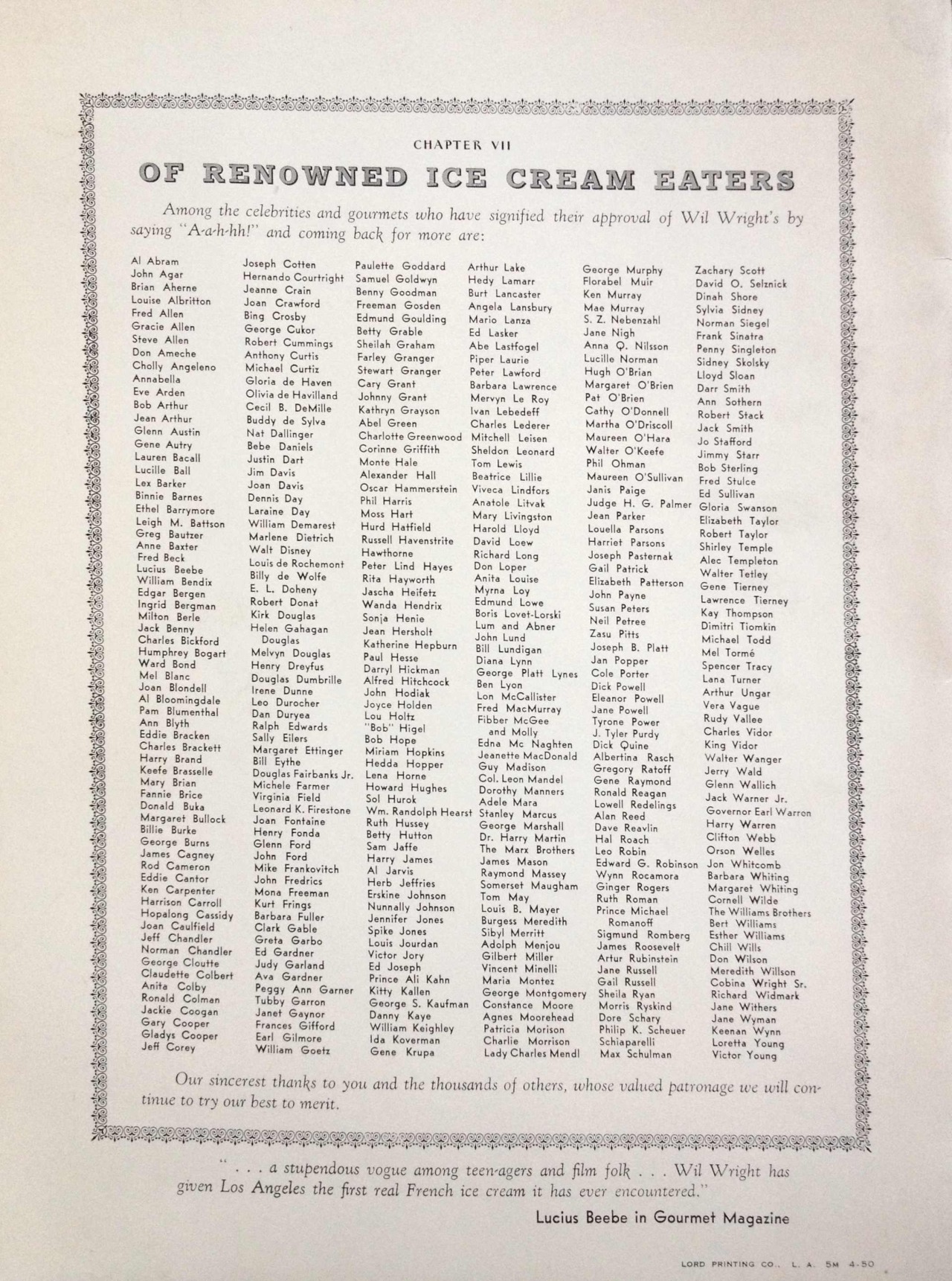 An only in L.A. menu. The back cover of Wil Wright’s ice cream shop menu was an honor roll of celebrity endorsements.