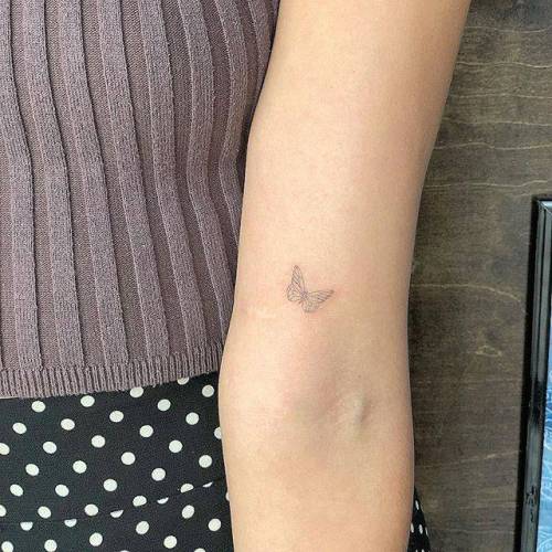 By Joey Hill, done at High Seas Tattoo Parlor, Los Angeles.... small;single needle;bicep;micro;line art;inner arm;butterfly;animal;tiny;joeyhill;ifttt;little;minimalist;fine line;insect