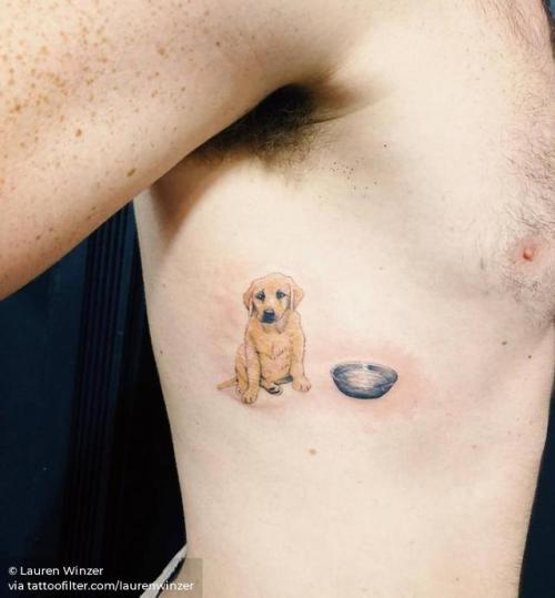 By Lauren Winzer, done at Hunter and Fox Tattoo, Sydney.... small;pet;dog;animal;laurenwinzer;rib;tiny;ifttt;little;golden retriever;medium size;illustrative