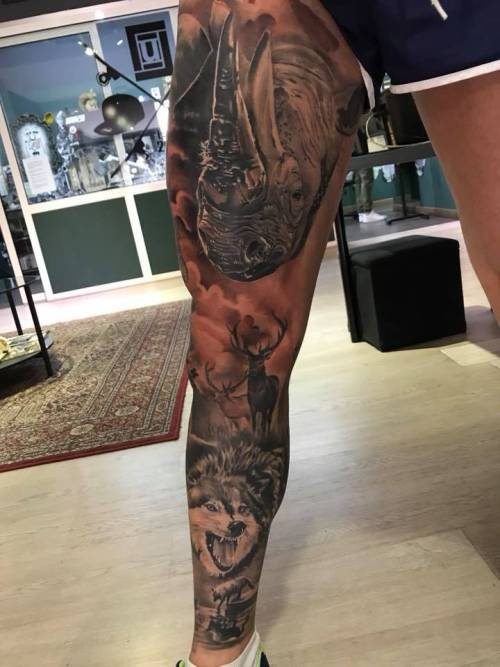 Tattoo tagged with: animal, big, black and grey, facebook, leg sleeve,  peticortez, rhino, twitter 