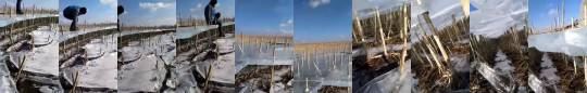 sixpenceee:The ice stayed, but the water left. Commenters say this is a corn field, that was flooded, froze over and then the water drained. (Source)