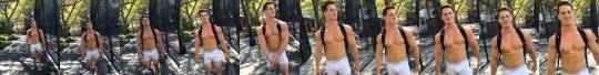 hot-sexy-muscle-dudes:Model/actor NICK SANDELL took his bulge out for a NYC summer stroll in nothing but some form-fitting CK trunks.By photographer MICHAEL HALLENBECK