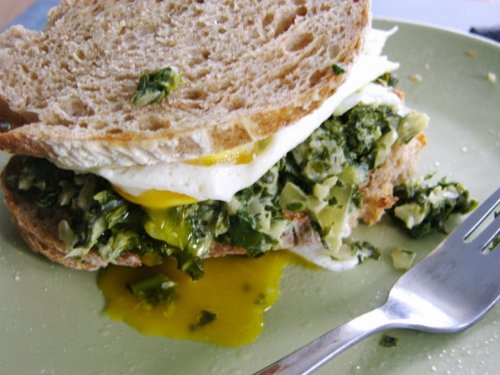 Fried Egg Sandwich w/ Creamed Greens2 slices rustic bread, or...