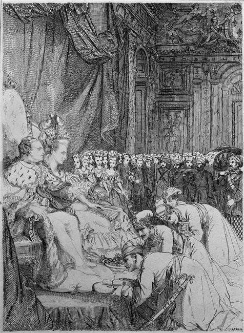 Louis XVI and Marie Antoinette receiving the Embassy of Tippoo-Saib at Versailles, August 10, 1788.
