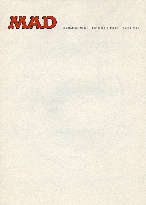 letterheady:
Letterhead from the offices of Mad during the reign of Al Feldstein. Notice the faint watermark of Alfred E. Neuman’s face.
Previously: Mad letterhead from 1955.
Mad Magazine, c.1980 | Submitted by Christopher Lading