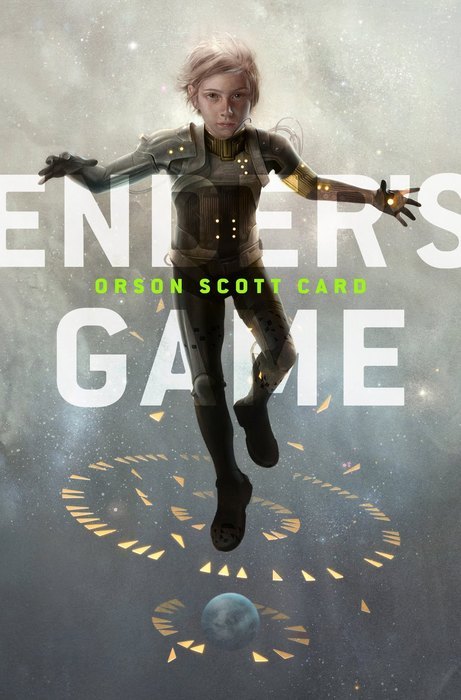 Cover of Ender's Game featuring Ender floating with a flash suit on and lit orange triangles forming circles around his feet