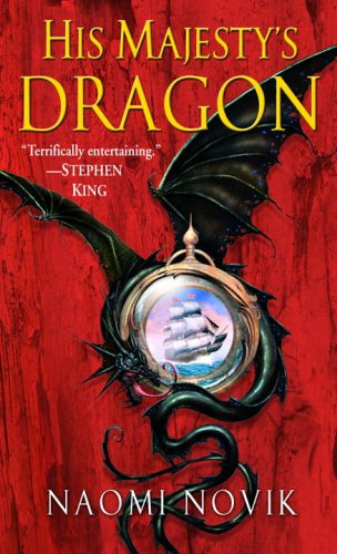 Red His Majesty's Dragon cover with Temeraire circling a bauble with a ship inside